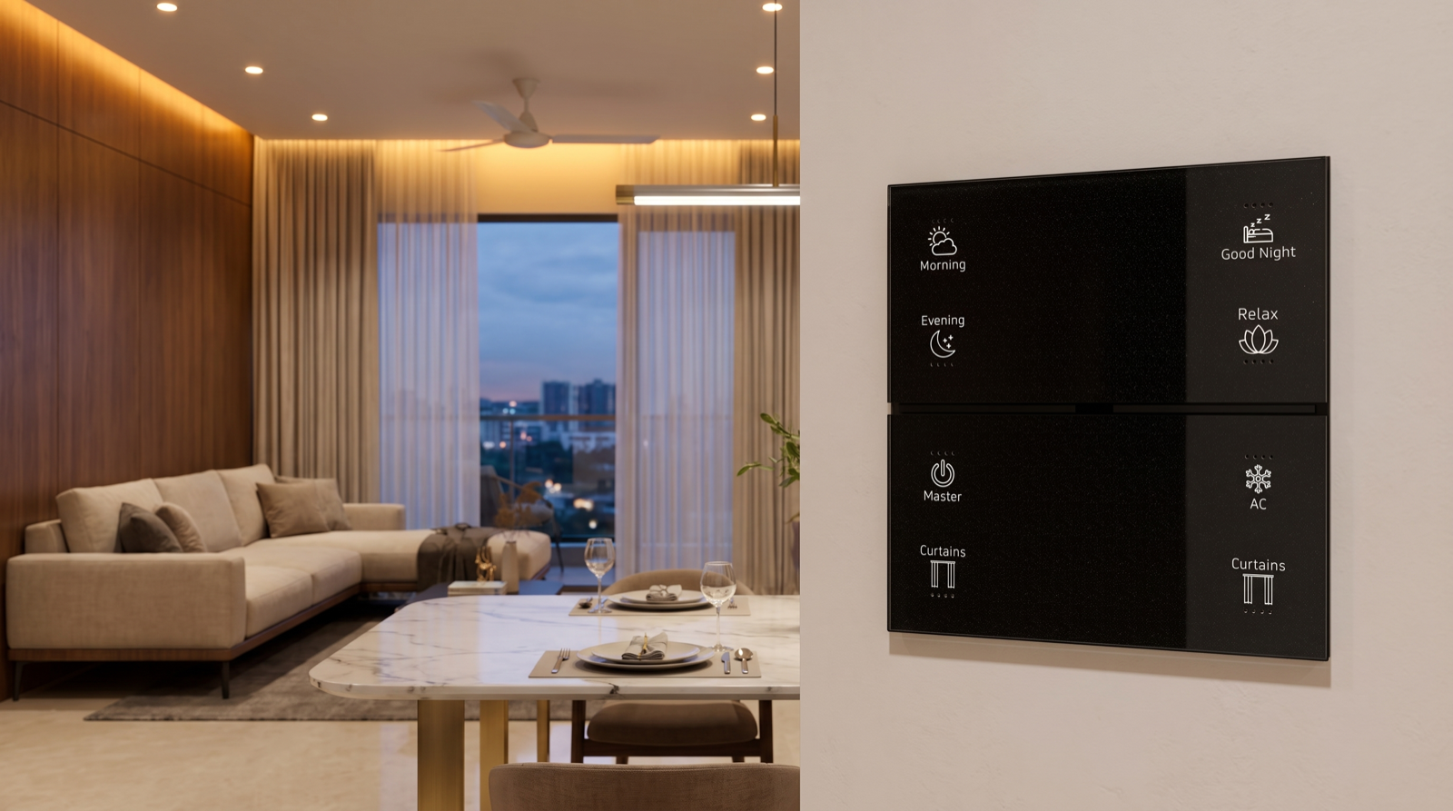 A premium Hyderabad living and dining space at dusk showing warm 2700K cove lighting on the ceiling and a cooler 4000K pendant over the dining table, with motorised sheer curtains and a Pert Stella wall keypad in sharp focus in the foreground