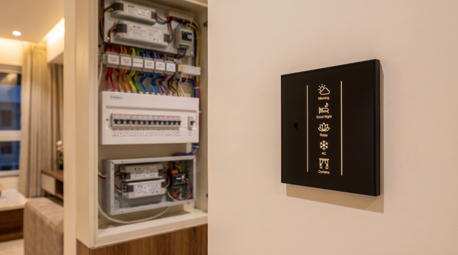 A matte-black Pert Stella smart keypad with backlit Morning, Good Night, Relax, AC and Curtains scene buttons on the wall in the foreground of a premium Hyderabad apartment, with a neatly installed distribution board and automation panel in a ventilated utility alcove behind it, its breakers labelled and its wiring dressed into tidy colour-coded bundles