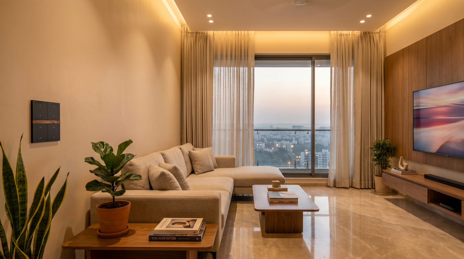 Home automation in a 3BHK flat in Hyderabad with smart lighting scenes, motorised curtains, and a wall keypad