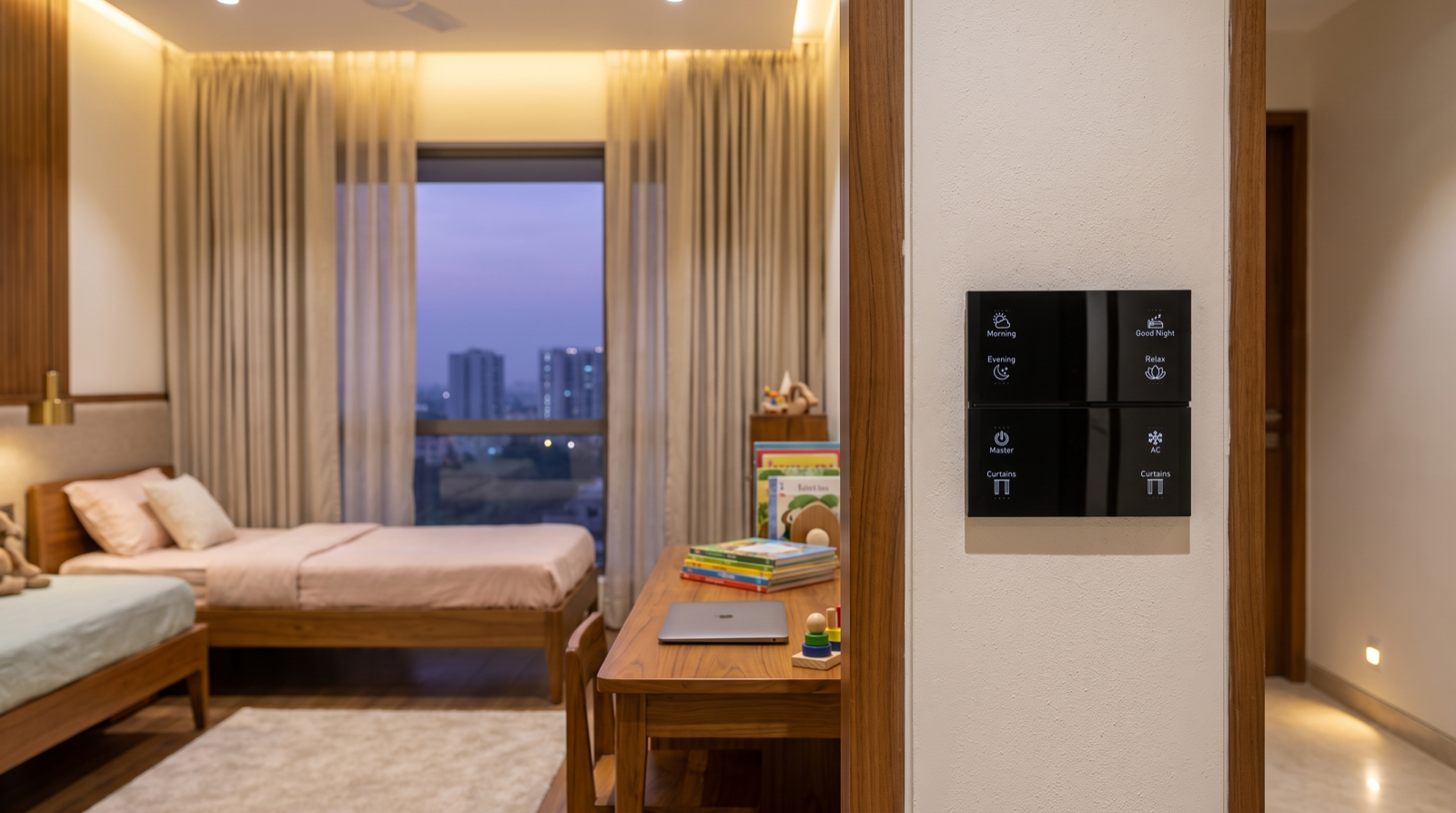 A Pert Stella matte-black glass wall keypad with backlit, engraved Morning, Evening, Good Night, Relax, Master, AC and Curtains buttons mounted beside the doorway of a children's bedroom in a Hyderabad home at dusk, with warm dimmed cove lighting, a low night-path glow along the corridor and cord-free motorised sheer curtains