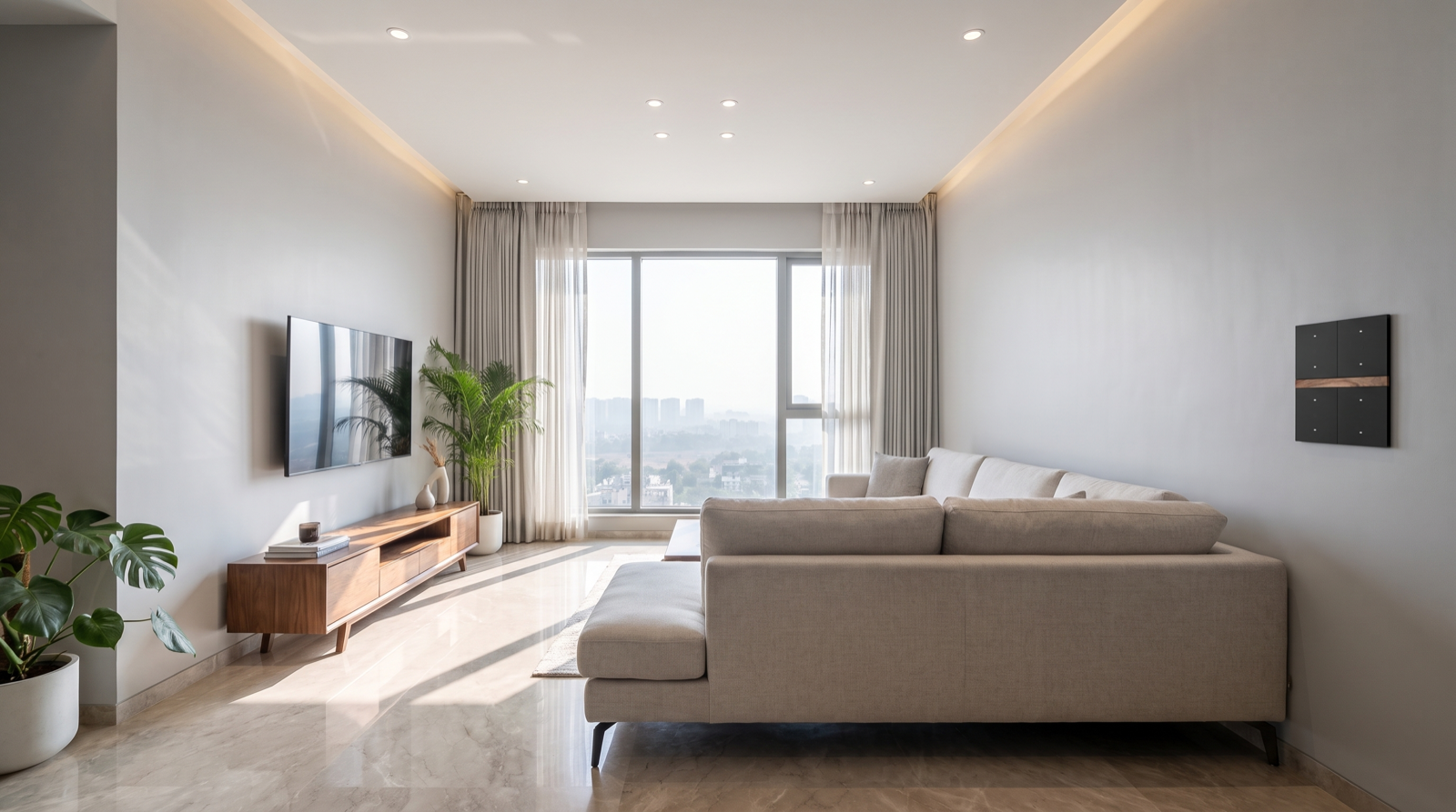 Home automation in Gachibowli apartment with smart lighting, curtains, and keypad scene control