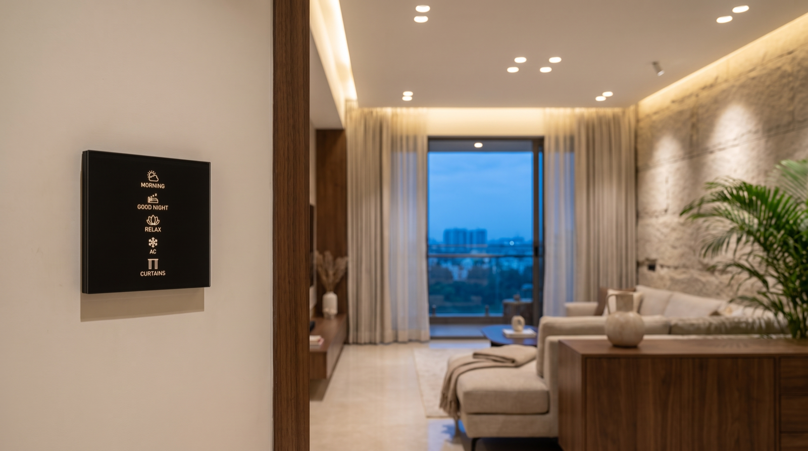A Pert Stella square matte-black glass wall keypad mounted flush and level on the wall of a freshly completed premium Hyderabad living room on handover day, its engraved and softly backlit Morning, Good Night, Relax, AC and Curtains scene buttons glowing warm, with an evenly dimmed grid of recessed anti-glare COB downlights and a continuous cove line above, and motorised sheer curtains half open across the balcony glazing at dusk