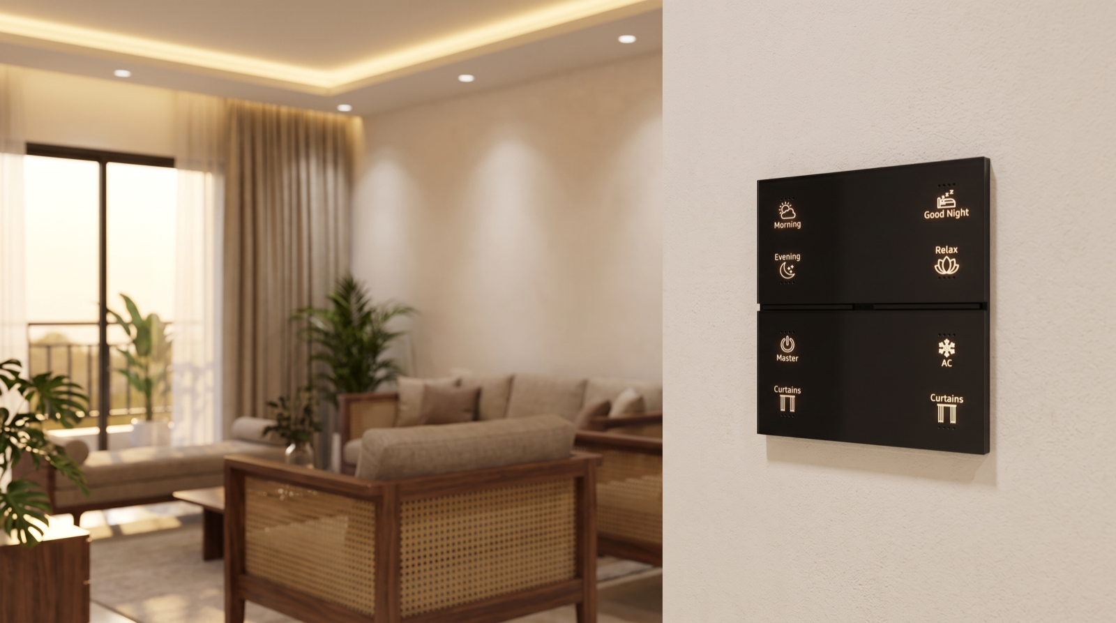 Home automation in a Manikonda gated-community apartment with tunable smart lighting, motorised curtains, and a Pert wall keypad for scene control