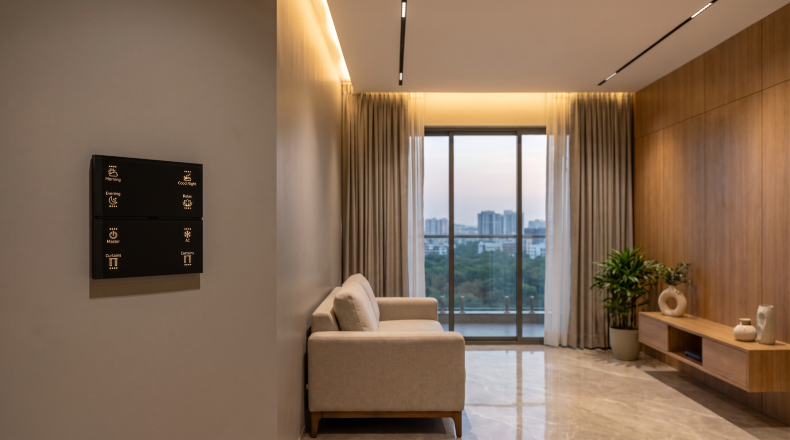 Home automation in a Nallagandla gated-community apartment with tunable smart lighting, motorised curtains, and a Pert Stella wall keypad for scene control