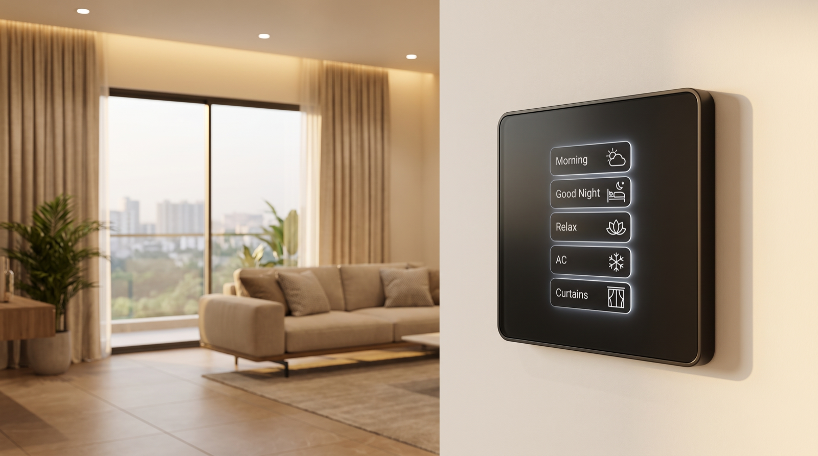 Home automation in a Narsingi apartment with tunable smart lighting, motorised curtains, and a Pert Stella wall keypad for one-touch scene control