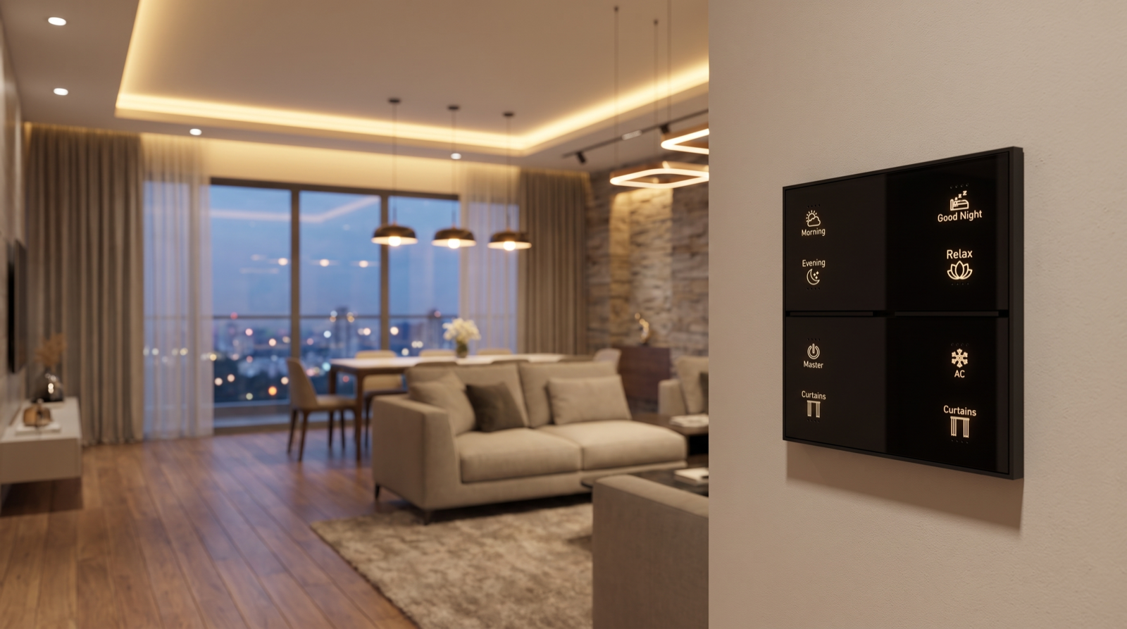 Home automation in a Tellapur gated-community apartment with smart lighting, motorised curtains, and a Pert wall keypad for scene control