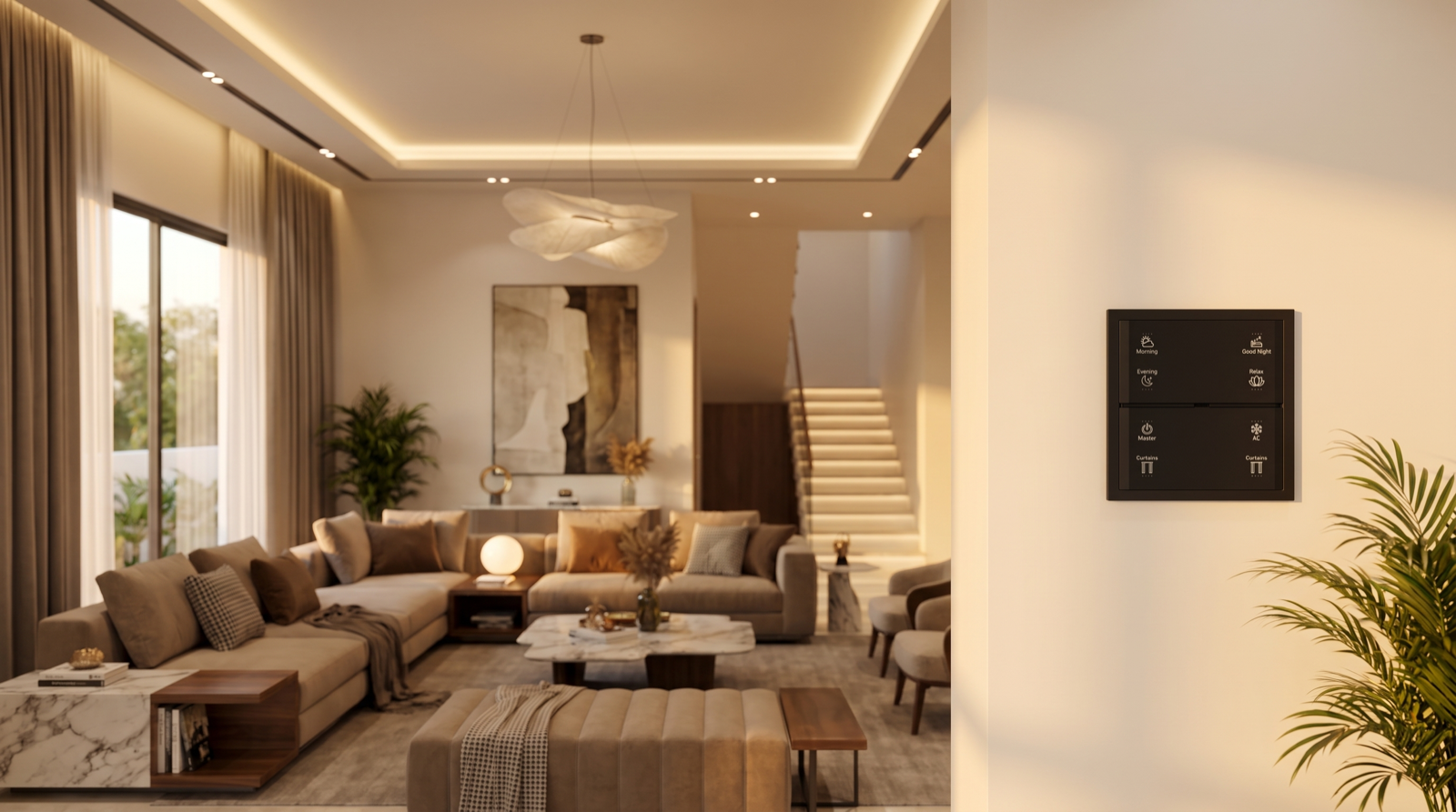 Home automation in a Jubilee Hills villa with layered smart lighting, motorised curtains, and a Pert wall keypad for scene control