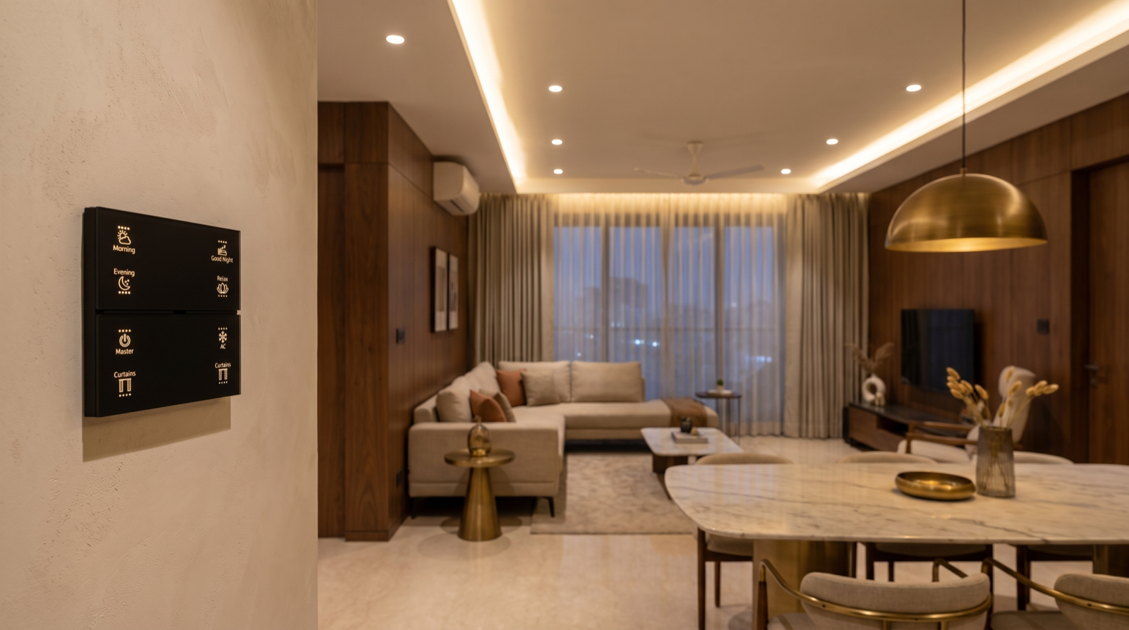 A Pert Stella matte-black wall keypad with backlit Morning, Evening, Good Night, Relax, Master, AC and Curtains buttons beside the doorway of a premium Hyderabad living and dining room at dusk, where downlights, cove lighting and a brass dining pendant glow together and curtains are drawn across the window wall