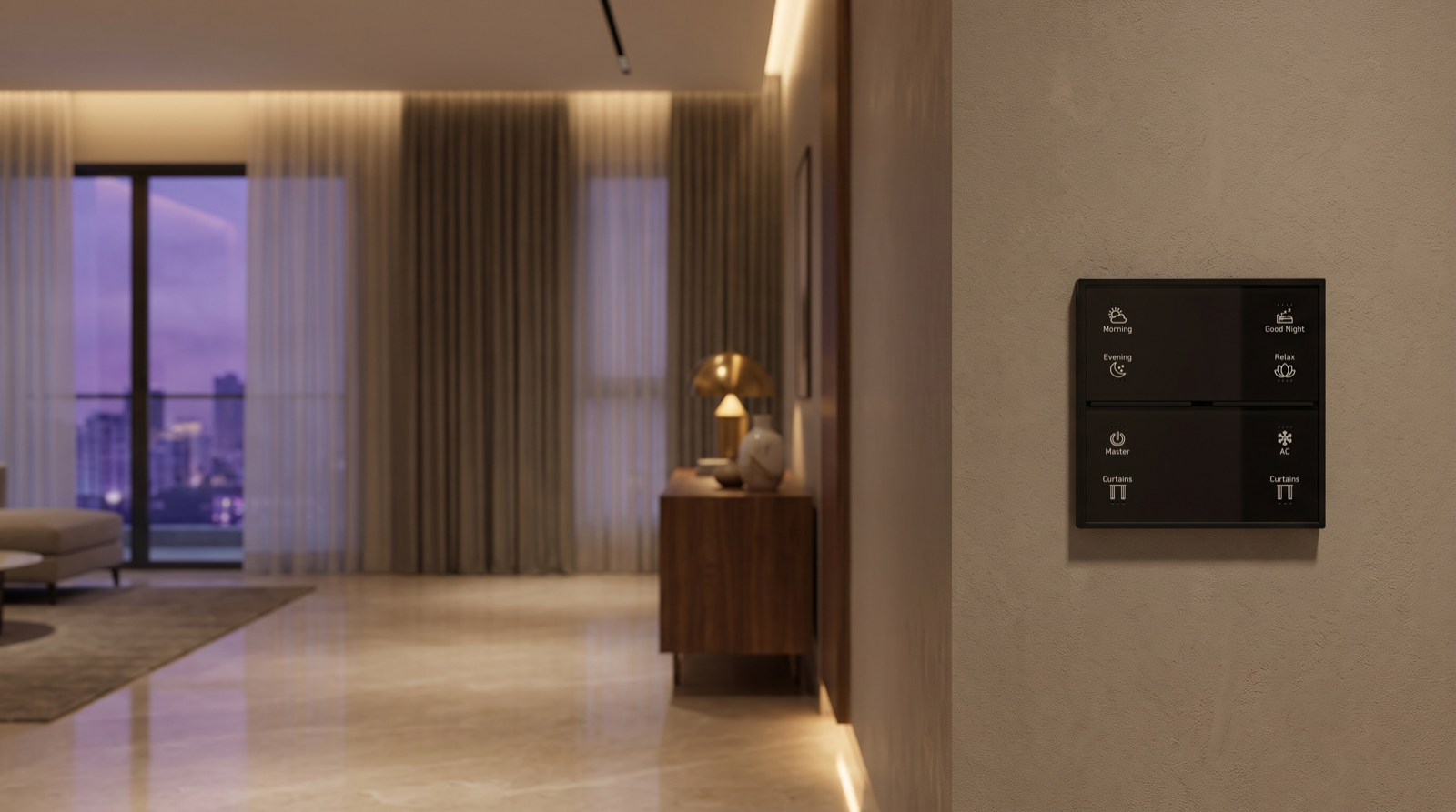 A Pert Stella square matte-black glass wall keypad with backlit, engraved Morning, Evening, Good Night, Relax, Master, AC and Curtains buttons mounted at the entrance of a Hyderabad apartment at night, with warm dimmed cove lighting, a low glow along the corridor floor and motorised sheer curtains drawn across the living-room windows