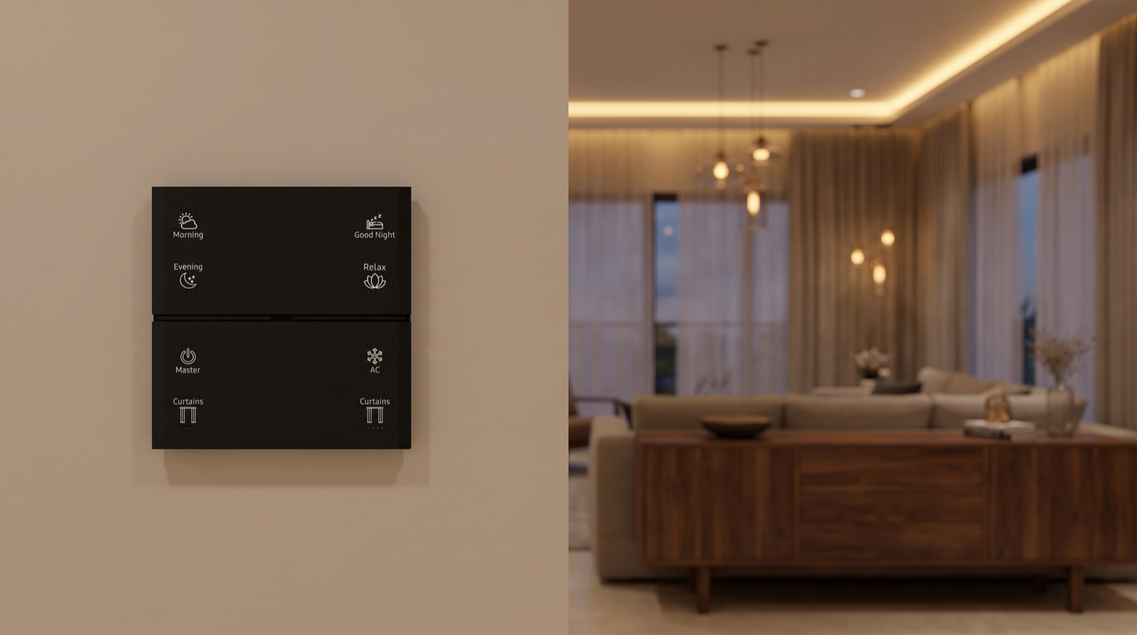 A Pert Stella matte-black glass wall keypad with backlit, engraved Morning, Evening, Good Night, Relax, Master, AC and Curtains buttons mounted on a wall in a Hyderabad living room at dusk, with warm dimmed cove lighting, softly glowing pendant lights and half-drawn sheer motorised curtains behind