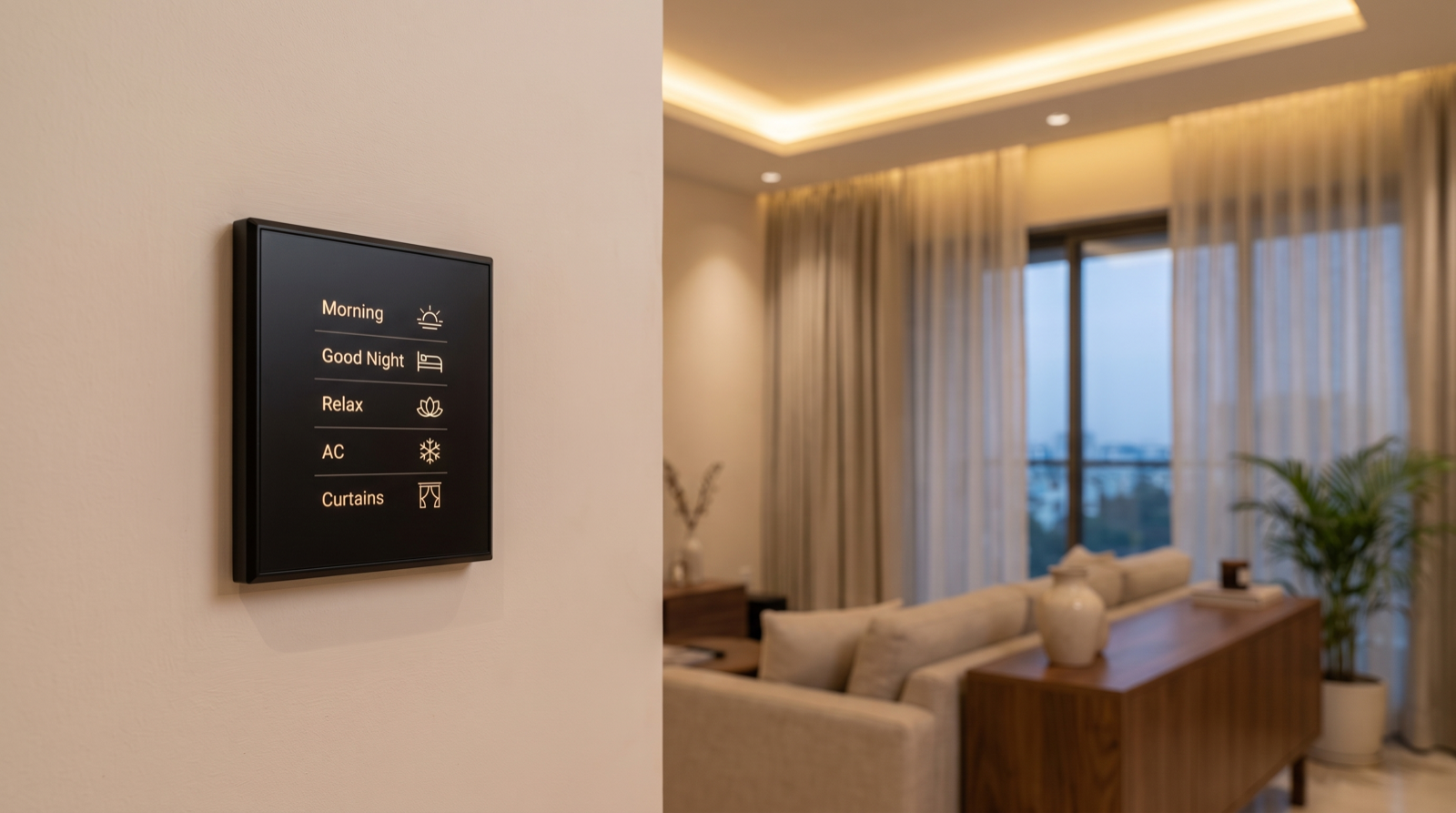 A matte-black Pert Stella square touch keypad with backlit Morning, Good Night, Relax, AC and Curtains scene buttons in sharp focus on the wall of a freshly completed premium Hyderabad apartment, with a warm cove-lit false ceiling, recessed downlights and motorised sheer curtains on a tall dusk window in the living room beyond