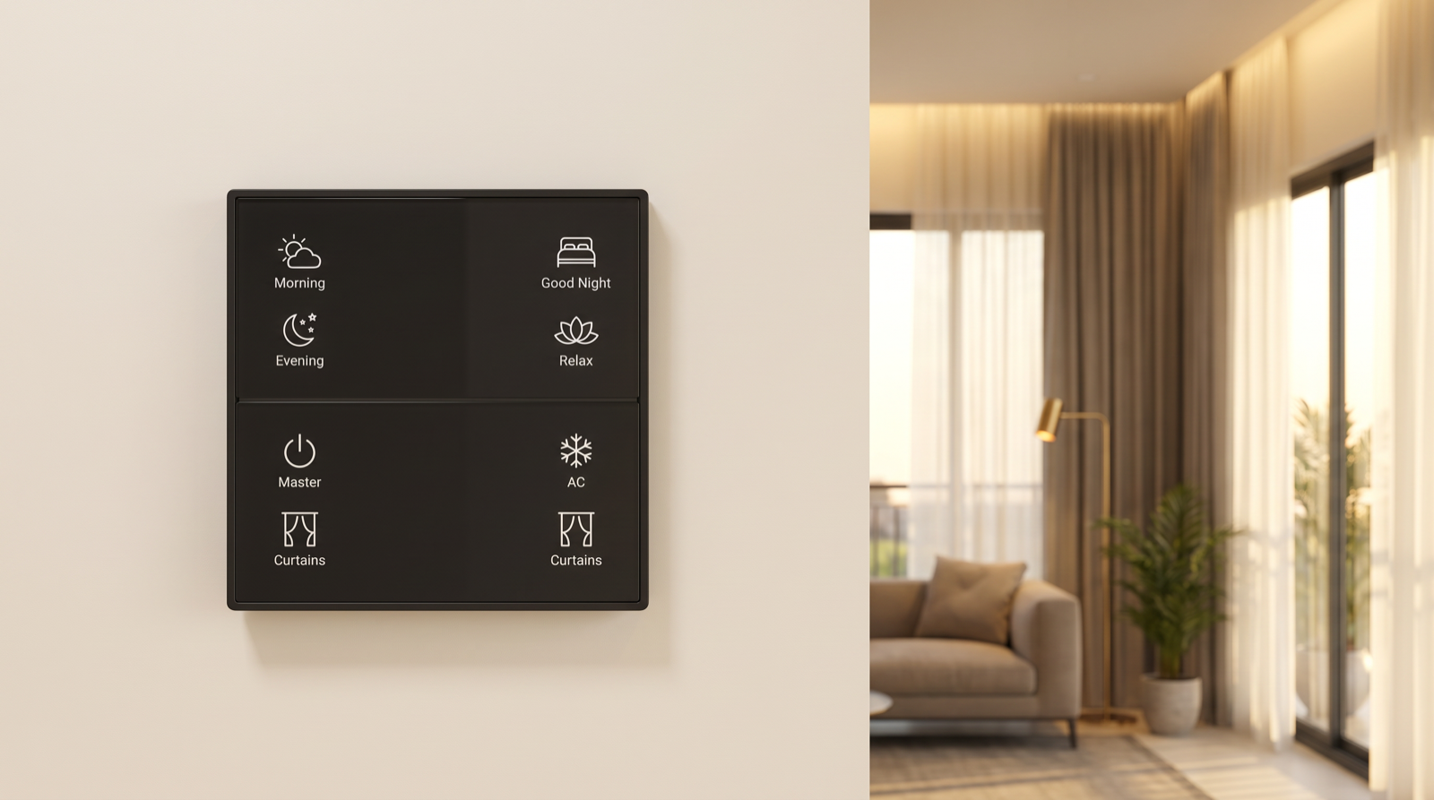 A Pert Stella square matte-black glass wall keypad with softly backlit, engraved Morning, Evening, Good Night, Relax, Master, AC and Curtains buttons beside a large window in a Hyderabad living room, with motorised sheer and blackout curtains partly drawn and warm lighting softly out of focus behind