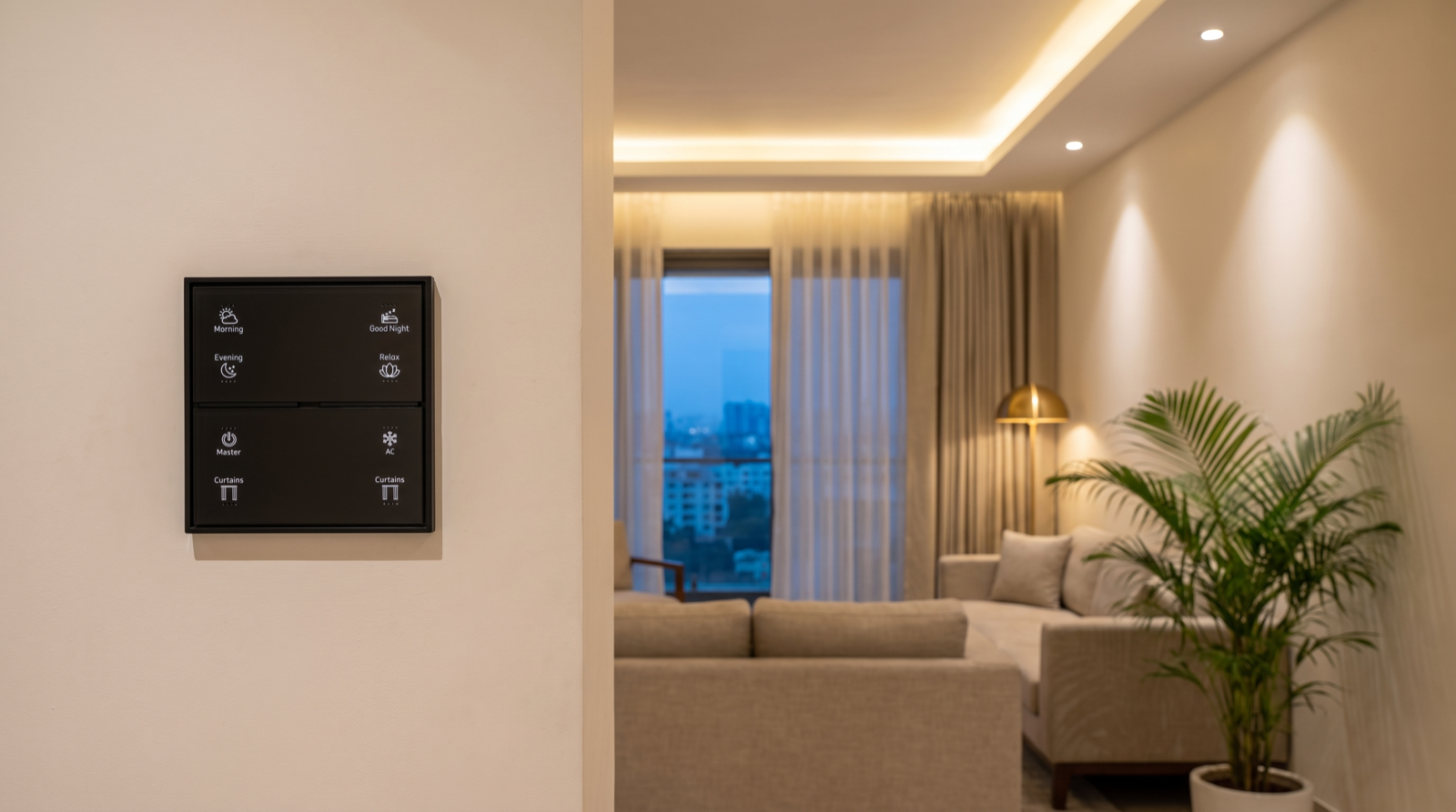 A Pert Stella square matte-black glass wall keypad with softly backlit, engraved Morning, Evening, Good Night, Relax, Master, AC and Curtains buttons on a living-room wall in a Hyderabad home, with warm dimmed lighting and motorised curtains softly out of focus behind