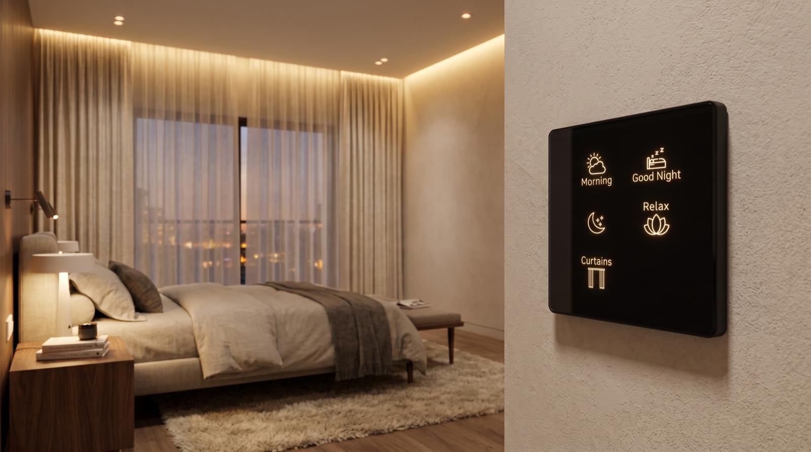 Two-panel hero image: on the left, a premium Hyderabad master bedroom at dusk with floor-to-ceiling motorised curtains on a recessed ceiling track - a sheer layer drawn across the glass and a heavier ivory drape stacked back to one side - under warm 2700K cove lighting and downlights; on the right, a close-up of a square matte-black Pert Stella smart keypad mounted on a plaster wall with engraved backlit Morning, Good Night, Relax and Curtains buttons
