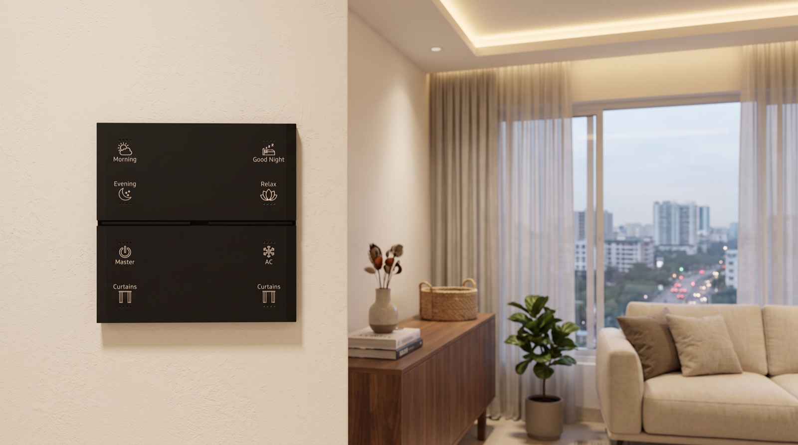 A Pert Stella matte-black glass wall keypad with backlit, engraved Morning, Evening, Good Night, Relax, Master, AC and Curtains buttons on a living-room wall in a newly occupied Hyderabad apartment, with warm cove lighting, half-drawn sheer motorised curtains and a dusk skyline behind