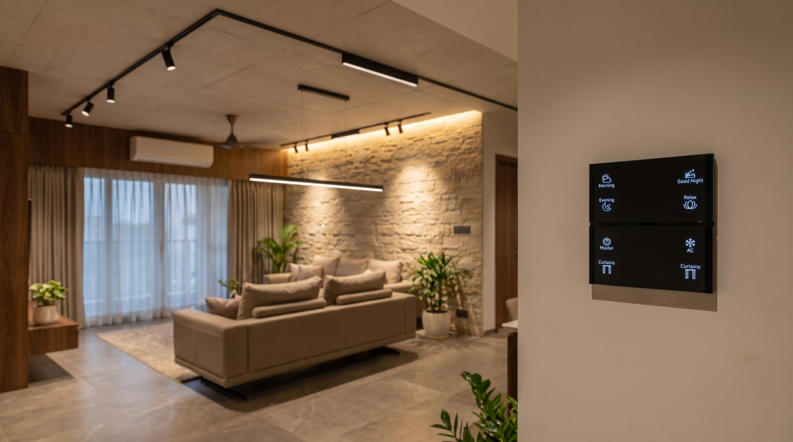 A premium Hyderabad living room with a bare painted slab ceiling and no false ceiling, lit by a slim black magnetic track carrying spot heads and a linear bar module, a suspended linear pendant over the seating, a grazed stone feature wall and motorised sheer curtains at the window, with a matte-black Pert Stella smart keypad on the wall in the foreground