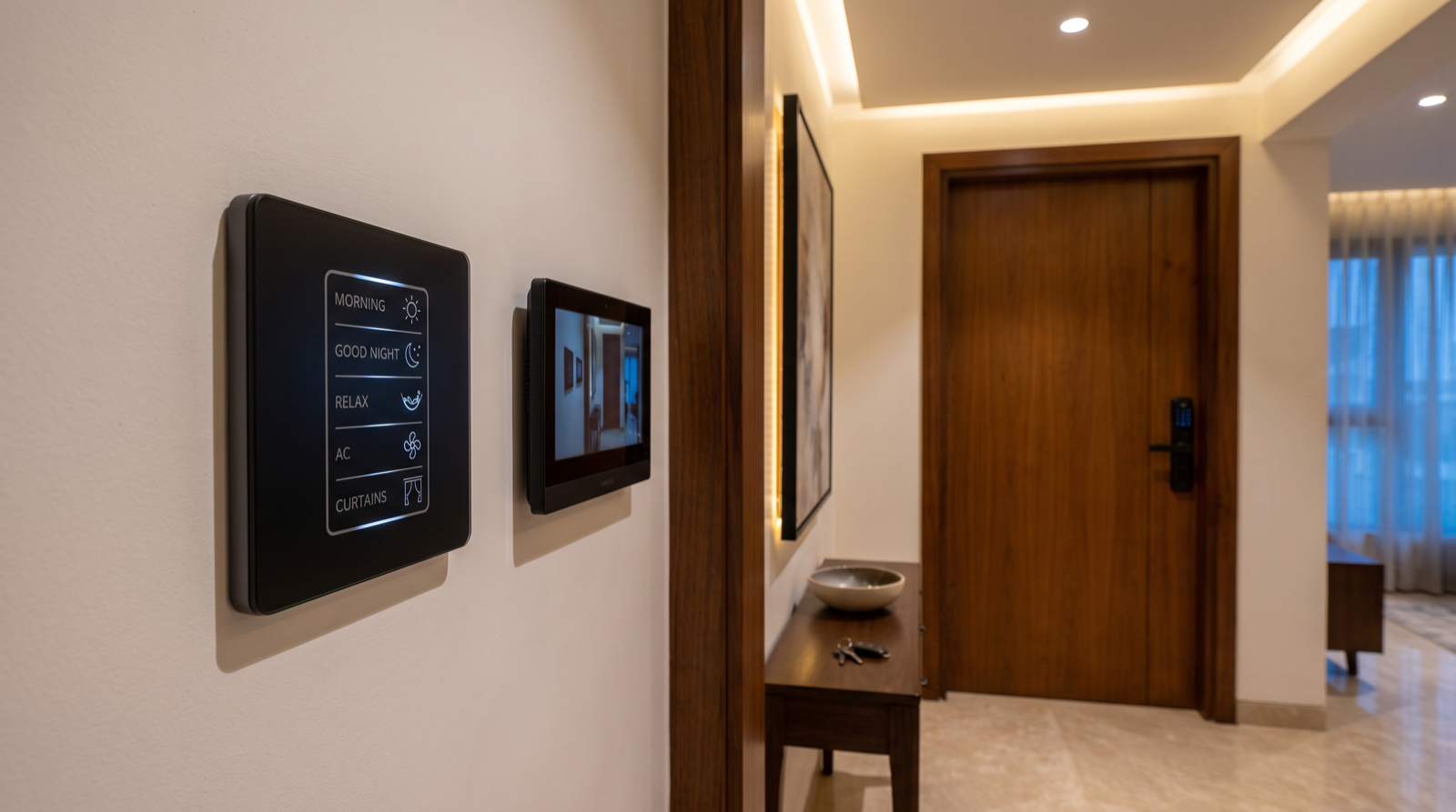The entrance foyer of a premium Hyderabad apartment with a matte-black Pert Stella smart keypad and a video door phone indoor monitor on the wall in the foreground, and a teak main door fitted with a matte-black smart mortise lock handle set beyond, lit by a warm cove and recessed downlights