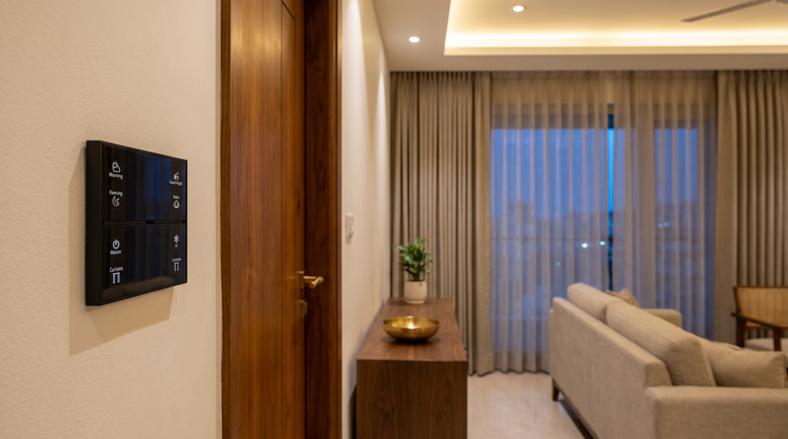 A matte-black Pert Stella square touch keypad with backlit Morning, Evening, Good Night, Relax, Master, AC and Curtains scene buttons beside the teak main door of a premium Hyderabad home at dusk, with a softly lit living room, warm cove lighting and half-drawn motorised curtains beyond