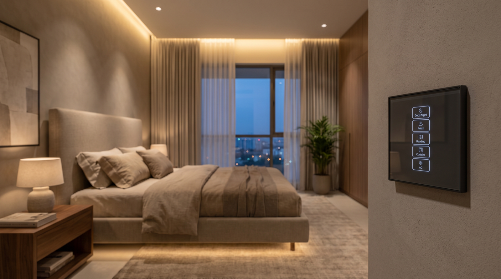A premium Hyderabad master bedroom at dusk with a low upholstered king bed, a warm cove light line around the false ceiling, discreet reading spots over the headboard, a soft under-bed night glow, motorised sheer and blackout curtains on a recessed ceiling track, and a Pert Stella matte-black wall keypad with engraved Good Night, Relax, Reading, Curtains and AC scene buttons in sharp focus on the bedside wall