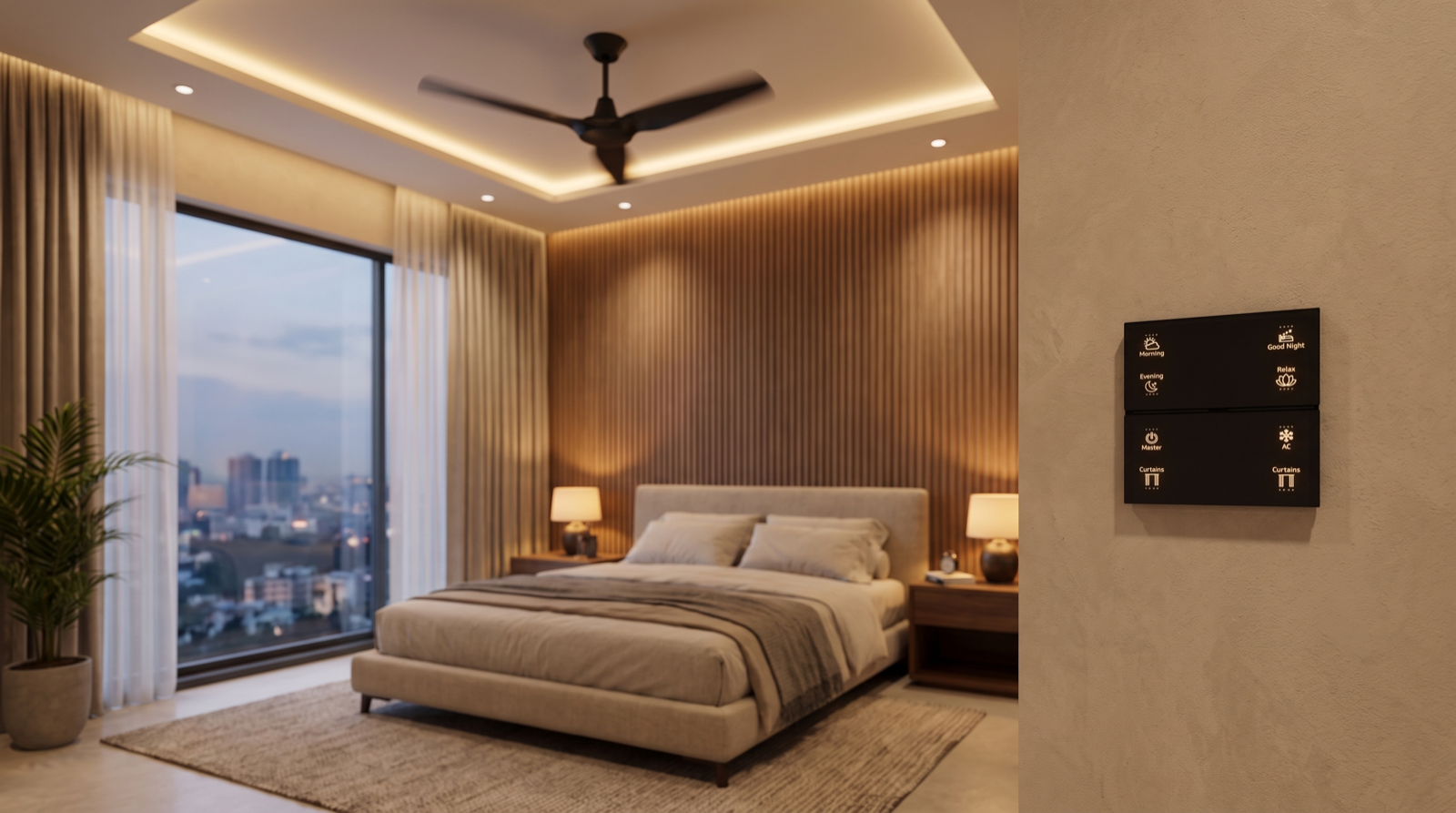 A matte-black Pert Stella square touch keypad with backlit Morning, Evening, Good Night, Relax, Master, AC and Curtains buttons on the wall of a premium Hyderabad bedroom, with a slim BLDC ceiling fan turning below a recessed gypsum false ceiling, warm 2700K cove lighting and motorised curtains half open at dusk