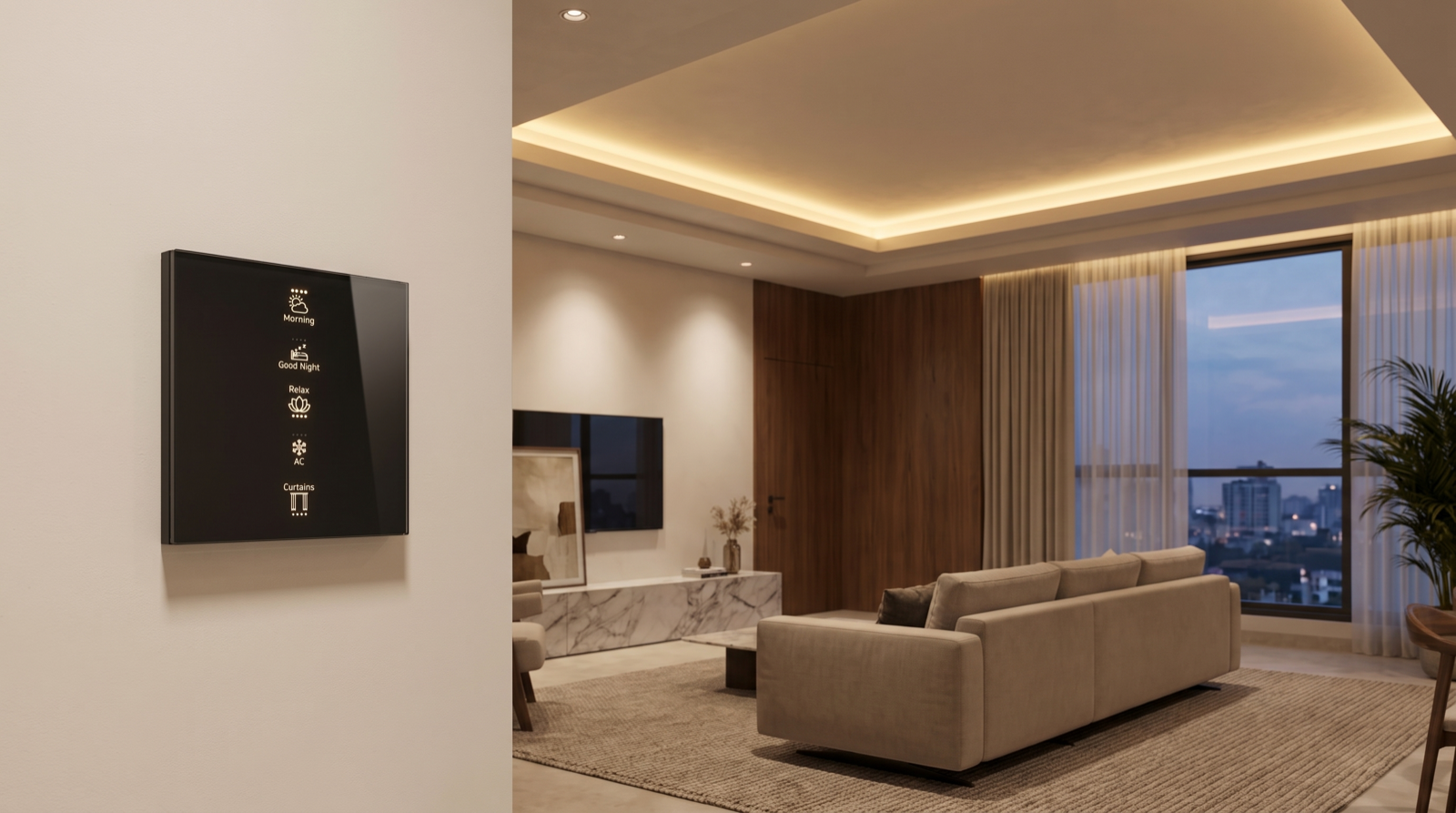 Cove lighting in a layered false ceiling washing a warm glow across a premium Hyderabad living room, with motorised sheer curtains and a Pert Stella wall keypad in the foreground