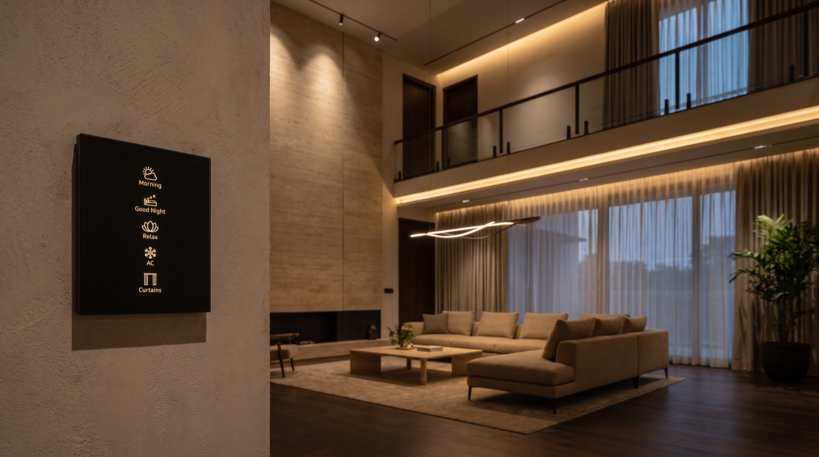 A Pert Stella square matte-black glass wall keypad on a wall in a premium Hyderabad double-height living room, its engraved and softly backlit Morning, Good Night, Relax, AC and Curtains scene buttons glowing warm, with a two-storey volume behind it carrying a warm perimeter cove at the mezzanine slab level, narrow-beam accent spots grazing a tall stone feature wall, a long sculptural pendant dropping into the room and motorised sheer curtains across five-metre glazing at dusk