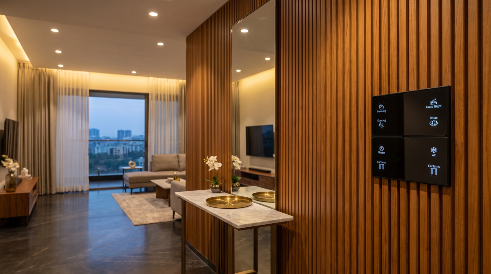 The entrance foyer of a premium Hyderabad apartment at dusk with a grazed fluted teak feature wall, a marble console with a brass tray and mirror, warm recessed downlights and cove glow, motorised sheer curtains in the living room beyond, and a bank of Pert Stella matte-black smart scene keypads with engraved backlit Morning, Good Night, Evening, Relax, Master, AC and Curtains buttons mounted beside the main door