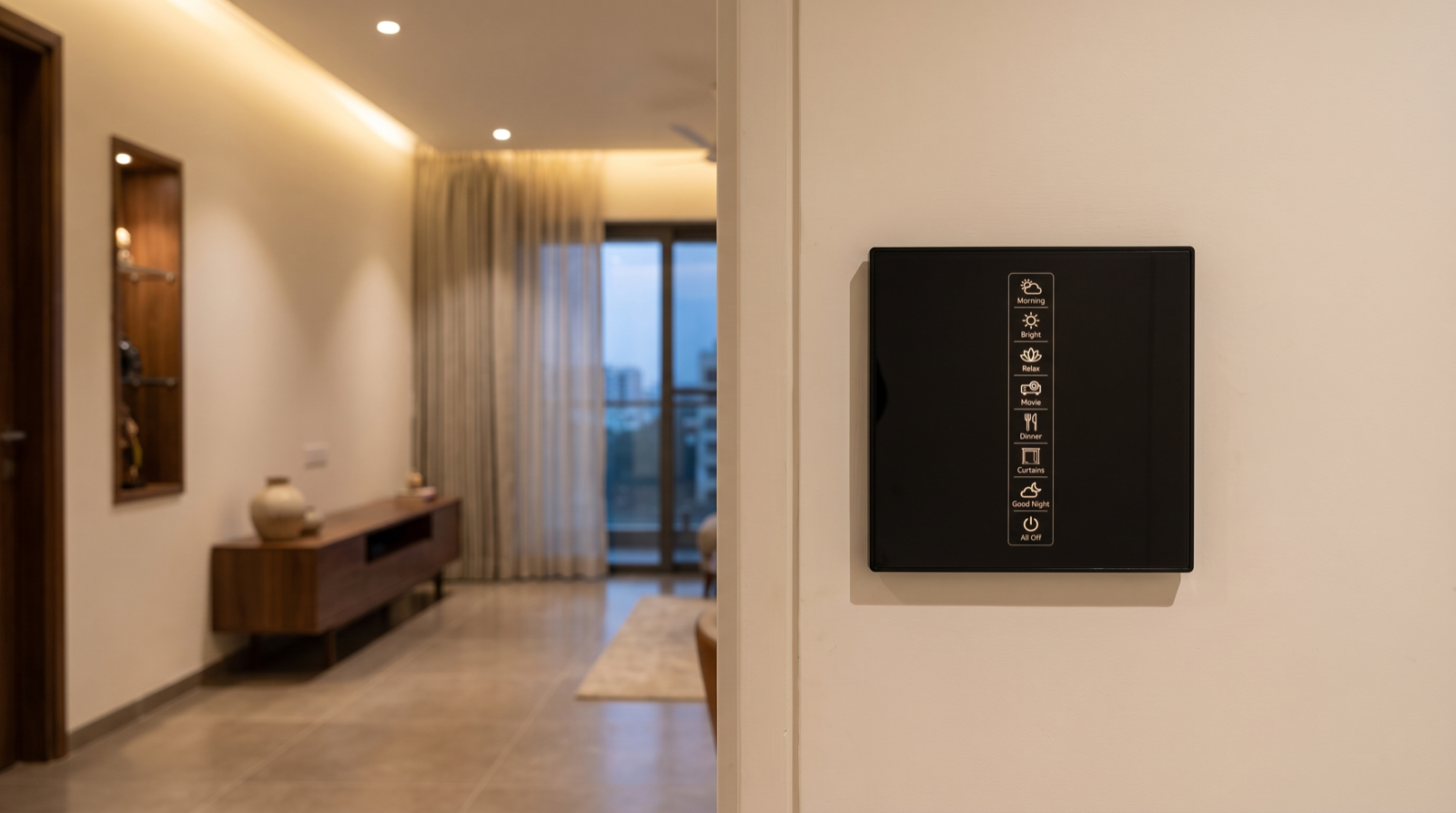 A Pert Stella square matte-black glass wall keypad in sharp focus beside the entrance of a premium Hyderabad apartment, its vertical column of eight engraved and softly backlit scene buttons reading Morning, Bright, Relax, Movie, Dinner, Curtains, Good Night and All Off glowing warm, with a dimmed cove line, COB downlights, a warm-lit display niche and motorised sheer curtains in the living room behind it