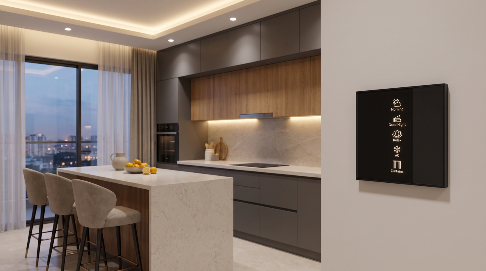 A premium Hyderabad modular kitchen with warm under-cabinet task lighting on the counter, cove lighting in the false ceiling, motorised sheer curtains at the window, and a Pert Stella wall keypad in sharp focus