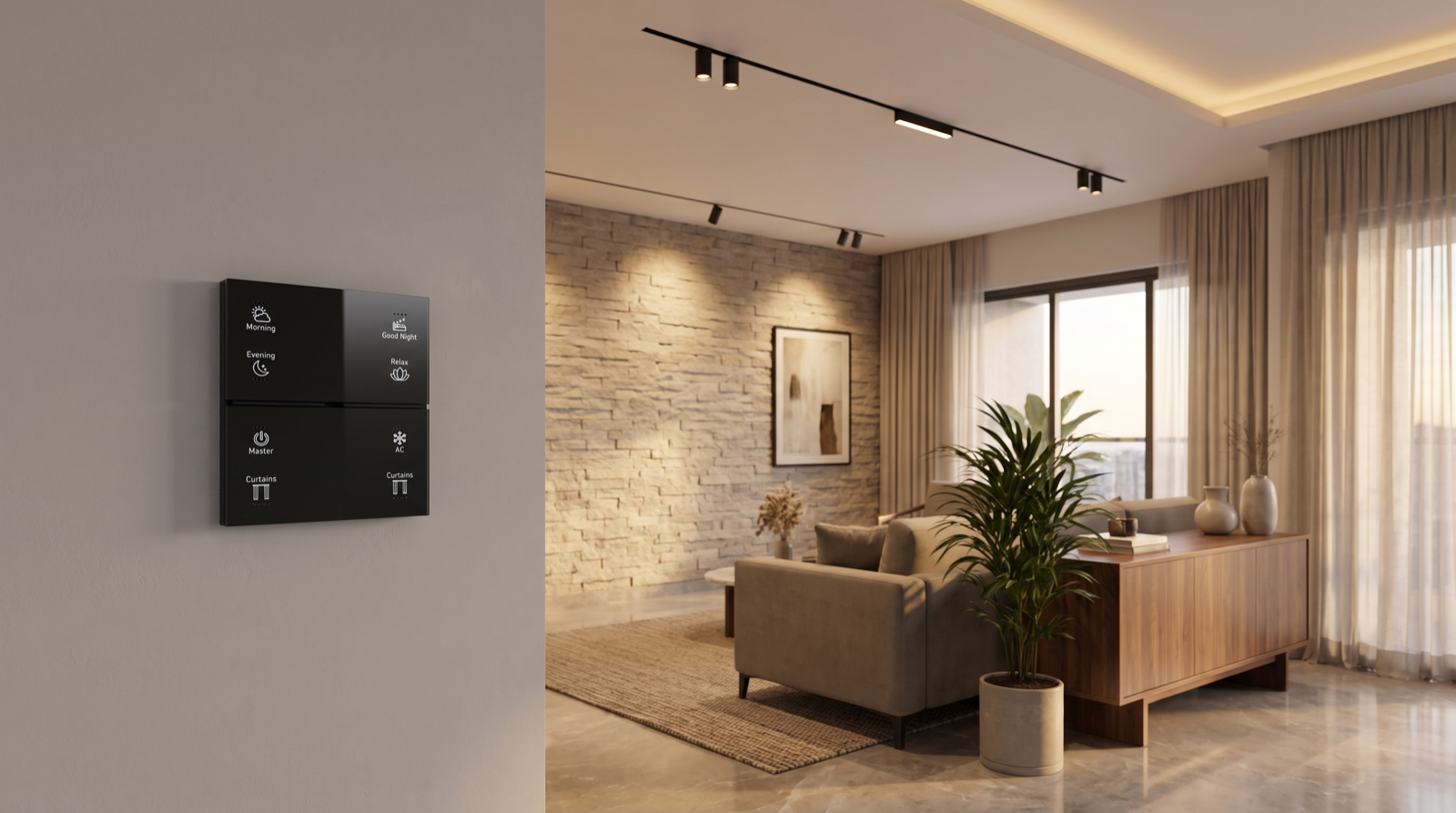 A matte-black Pert Stella square touch keypad with backlit Morning, Evening, Good Night, Relax, Master, AC and Curtains scene buttons on the wall of a premium Hyderabad living room, with a slim recessed black magnetic track run across the ceiling carrying spot and linear modules that graze a textured stone feature wall, a warm 2700K cove and motorised sheer curtains