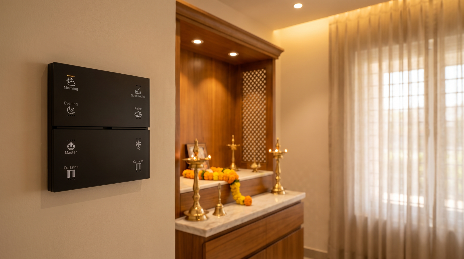 A pair of stacked Pert Stella square matte-black glass wall keypads with engraved, softly backlit Morning, Good Night, Evening, Relax, Master, AC and Curtains scene buttons, mounted beside a premium Hyderabad pooja room where warm 2700K accent spots wash a carved teak mandir niche, brass diyas and a marigold garland sit on a white marble platform, and motorised sheer curtains diffuse the daylight at the window