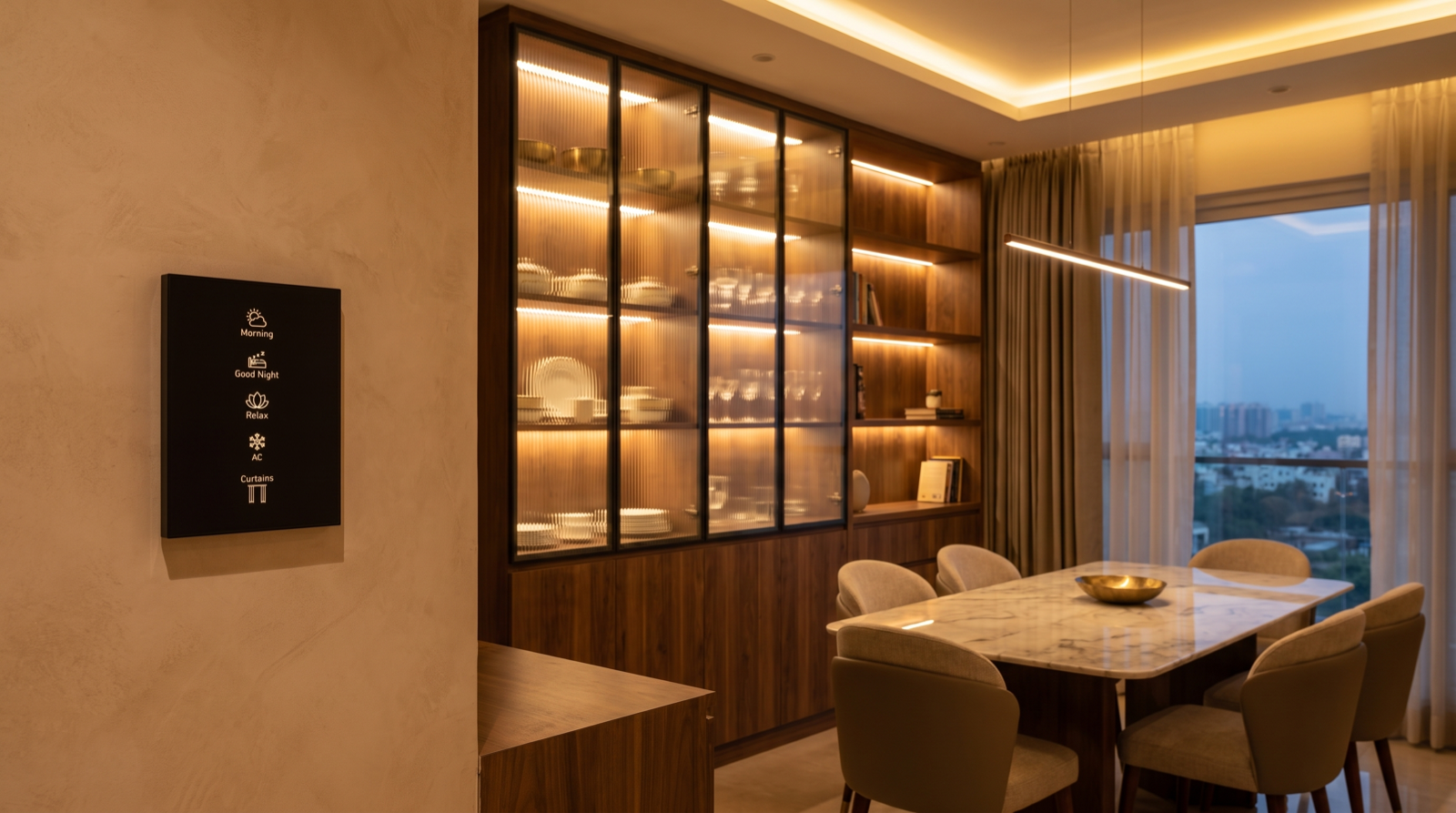 A Pert Stella matte-black wall keypad with engraved, backlit Morning, Good Night, Relax, AC and Curtains buttons beside a floor-to-ceiling walnut and fluted-glass crockery and display cabinet in a premium Hyderabad dining room, its shelves lit by concealed dot-free warm LED profiles