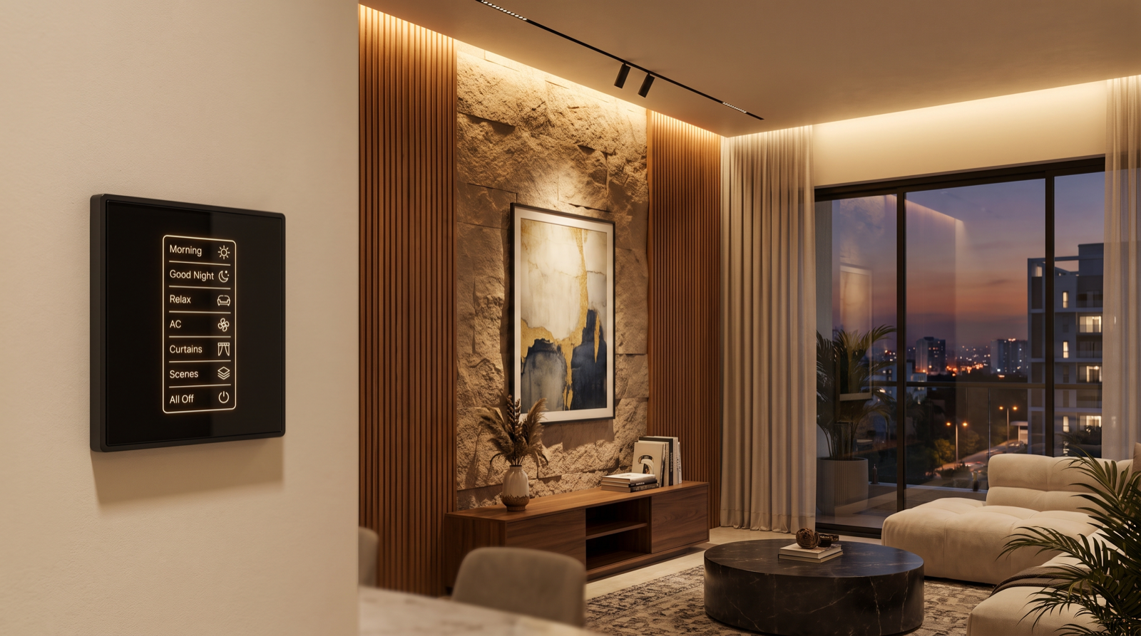 A Pert Stella square matte-black glass wall keypad with engraved, softly backlit Morning, Good Night, Relax, AC, Curtains, Scenes and All Off scene buttons, mounted in a premium Hyderabad living room beside a feature wall of rough stone and fluted teak lit by concealed warm wall-wash and narrow-beam accent spots, with a framed artwork picked out by a narrow beam and motorised sheer curtains at the dusk window