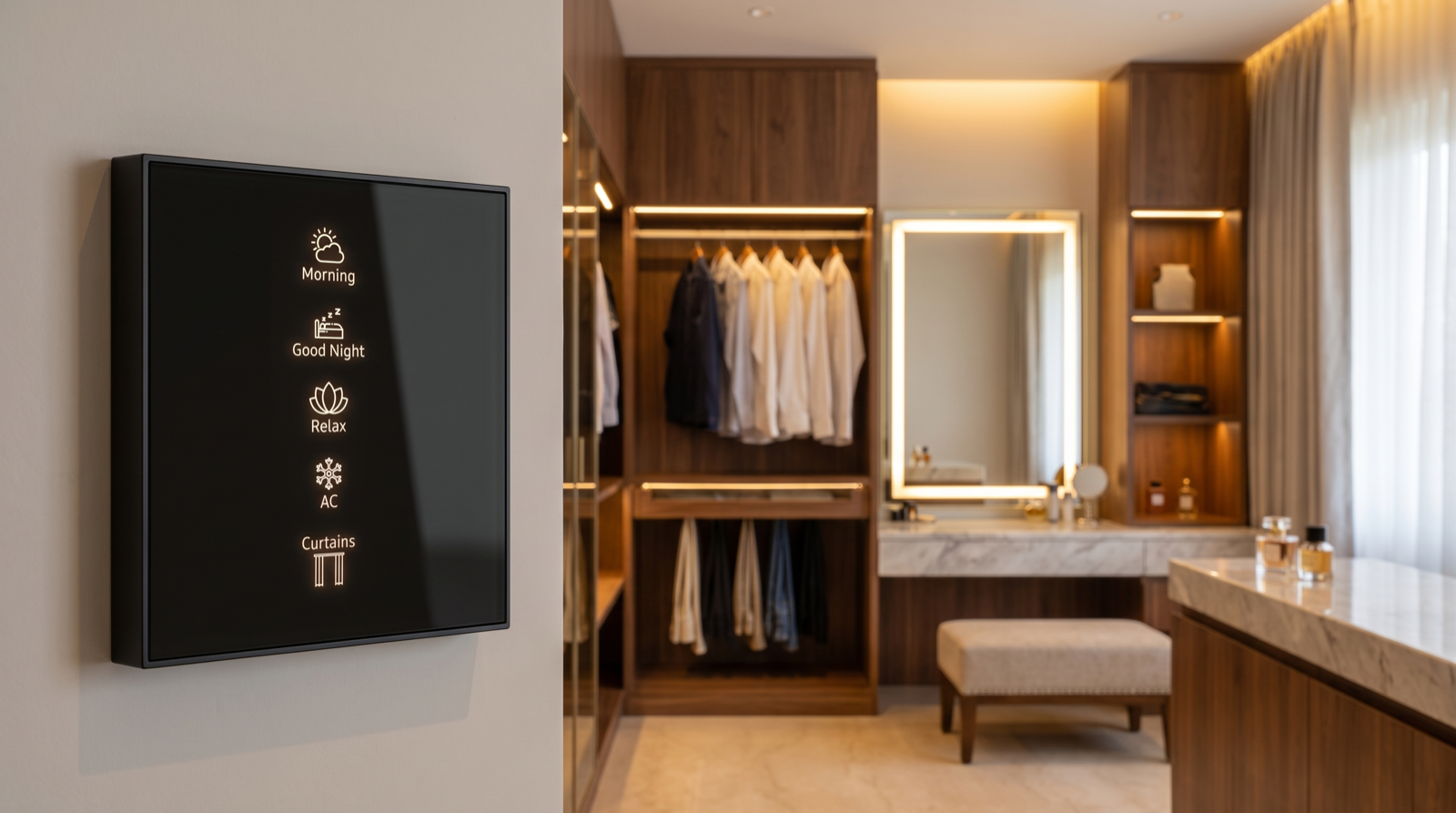 A Pert Stella square matte-black glass wall keypad with engraved, softly backlit Morning, Good Night, Relax, AC and Curtains scene buttons, mounted beside the entrance to a premium Hyderabad walk-in wardrobe where warm concealed strip lighting under every shelf and hanging rail washes down over the clothes, a full-height dressing mirror is lit evenly from both sides, and motorised sheer curtains filter the evening light beyond