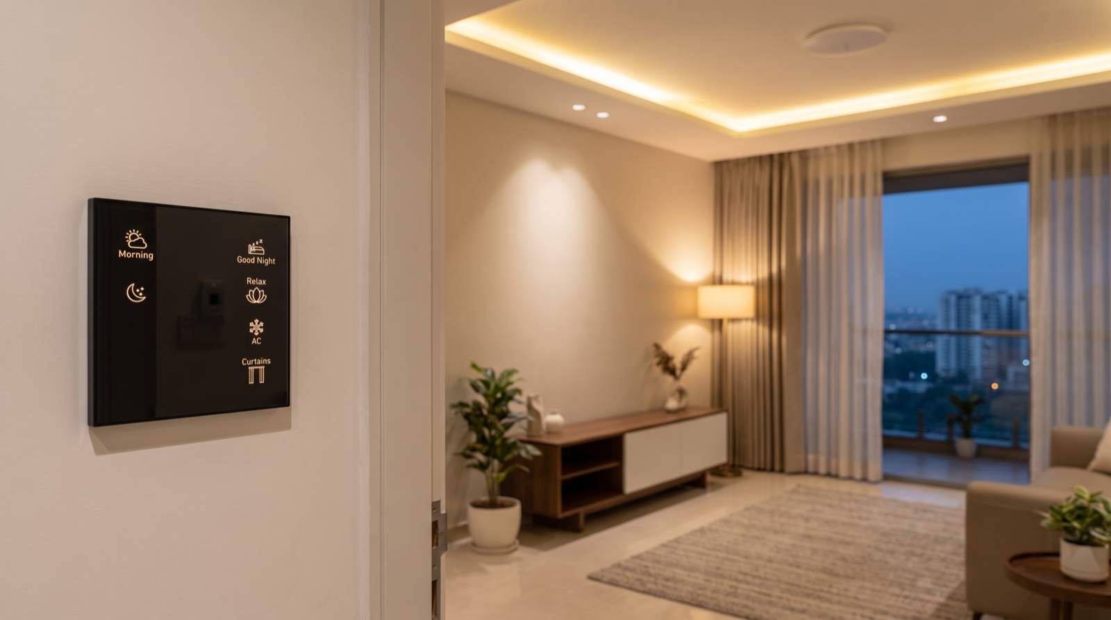A Pert Stella square matte-black glass wall keypad in sharp focus beside a doorway in a premium Hyderabad apartment, its vertical column of engraved and softly backlit Morning, Good Night, Relax, AC and Curtains scene buttons glowing warm, with a discreet white ceiling-mounted wireless access point, a dimmed warm cove line, recessed COB downlights and motorised sheer curtains across the balcony glazing in the living room behind it at dusk