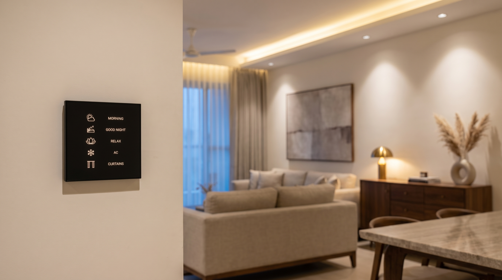 A Pert Stella square matte-black glass wall keypad in sharp focus on the wall of a premium Hyderabad living room, its vertical column of engraved and softly backlit Morning, Good Night, Relax, AC and Curtains scene buttons glowing warm, with a dimmed warm cove line, recessed COB downlights, a walnut sideboard and motorised sheer curtains across the balcony glazing softly blurred behind it