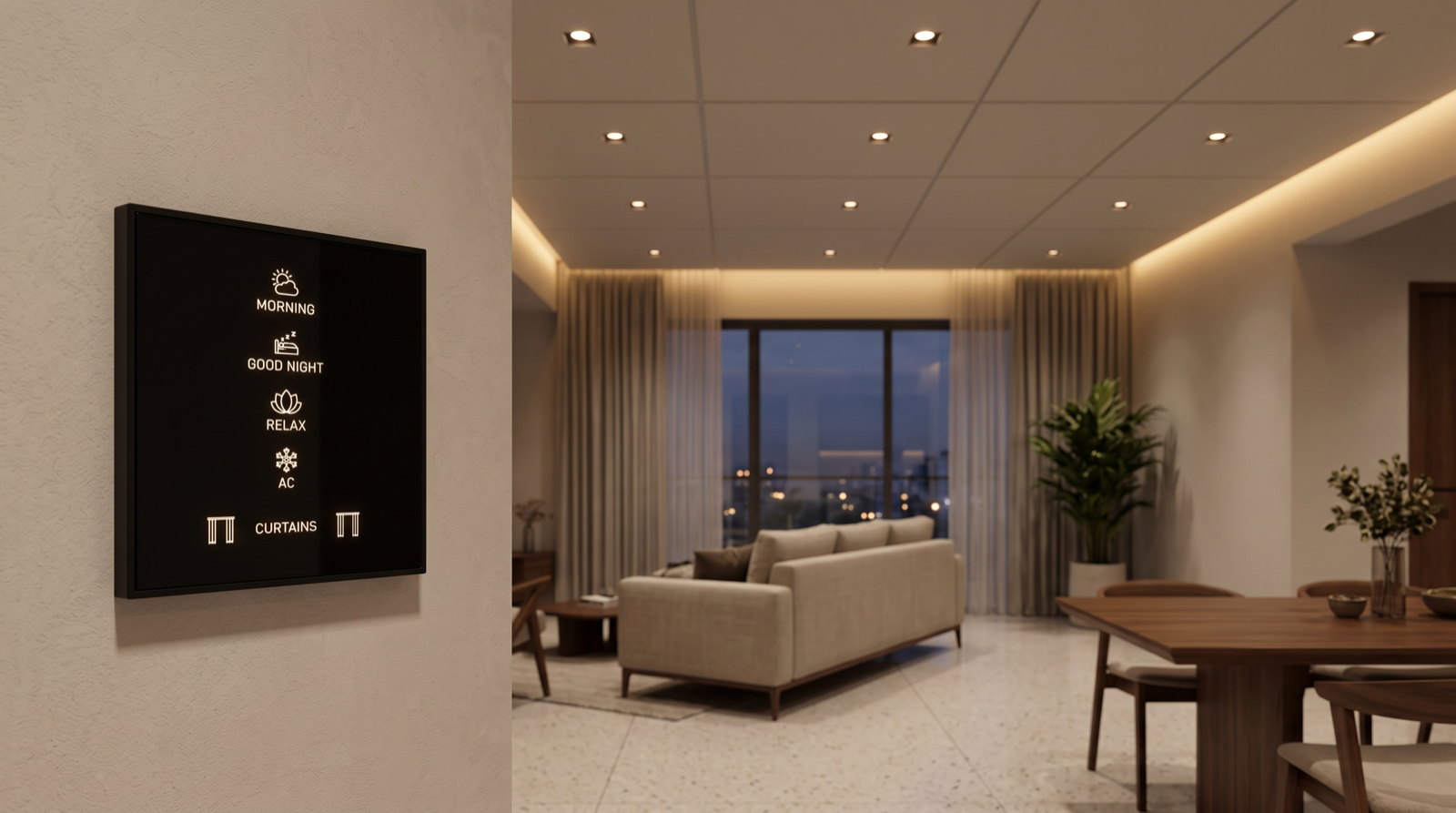 A Pert Stella square matte-black glass wall keypad on a wall in a premium Hyderabad living-dining room, its engraved and softly backlit Morning, Good Night, Relax, AC and Curtains scene buttons glowing warm, below a freshly finished white gypsum false ceiling carrying a deliberate regular grid of deep-recessed anti-glare COB downlights, a slim continuous warm cove line around the perimeter and motorised sheer curtains half open across the balcony glazing at dusk