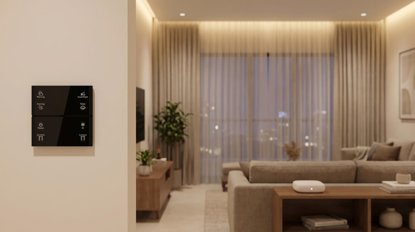 A Pert Stella square matte-black glass wall keypad with softly backlit, engraved Morning, Evening, Good Night, Relax, Master, AC and Curtains buttons on a living-room wall in a Hyderabad apartment, with warm cove lighting, motorised curtains and a small unbranded smart home hub softly out of focus behind