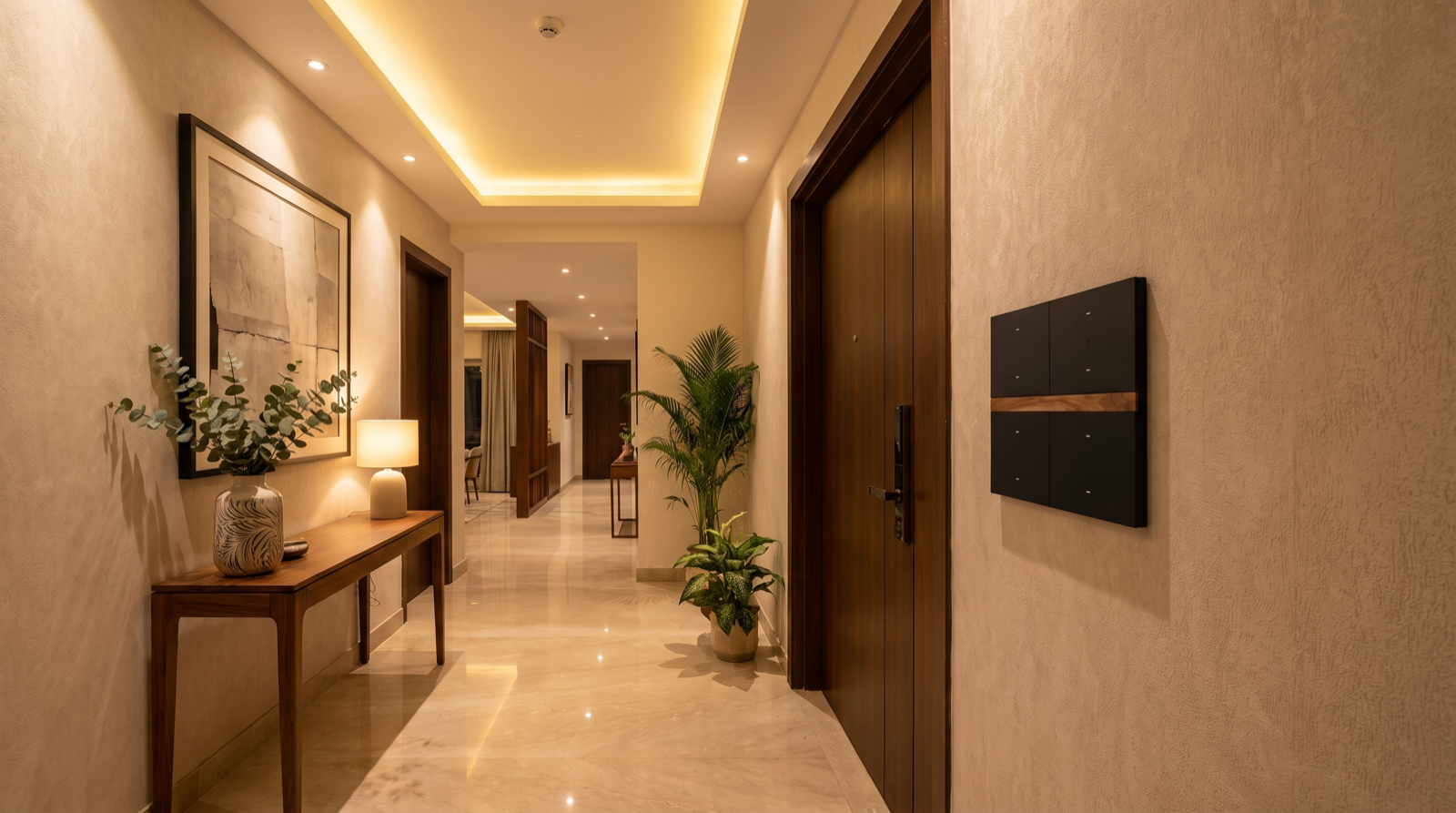 Elegant Hyderabad home entrance foyer with a Pert smart keypad, illustrating how to choose a home automation company